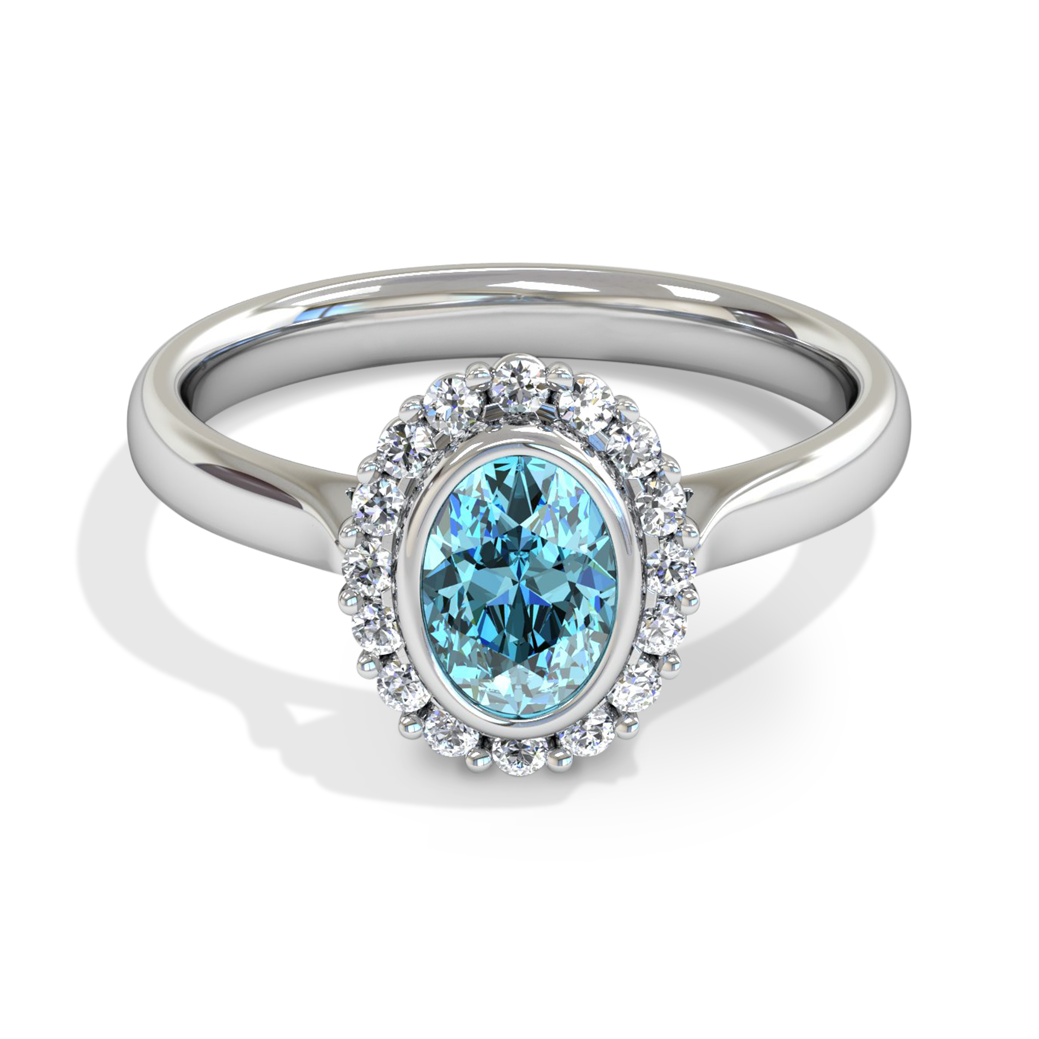 Aquamarine Halo Fairtrade Gold Engagement Ring in 18K White Fairtrade Gold