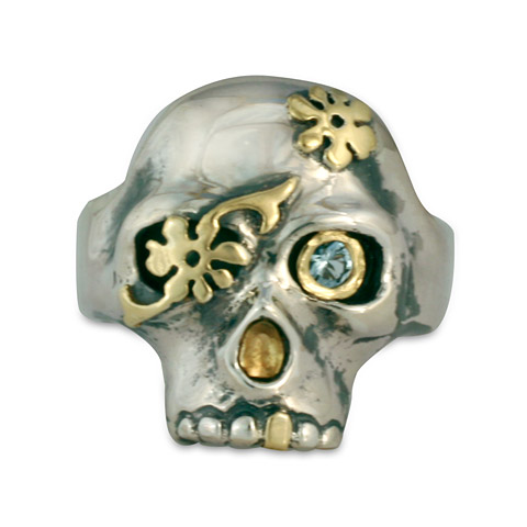 Daisy Skull Ring in 18K Gold, Silver & Blue Topaz
