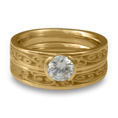 Extra Narrow Continuous Garden Gate Bridal Ring Set in 14K Yellow Gold With Diamond