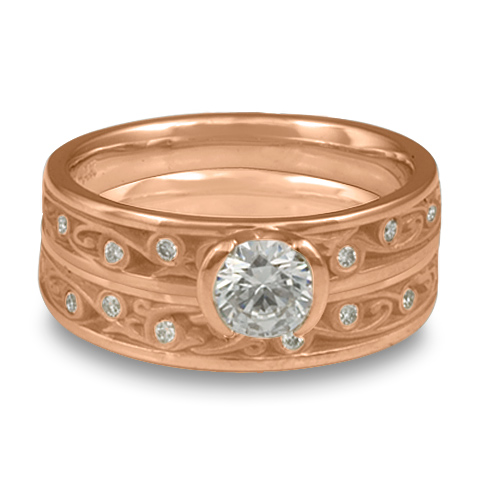 Extra Narrow Continuous Garden Gate Bridal Ring Set with Gems in 18K Rose Gold