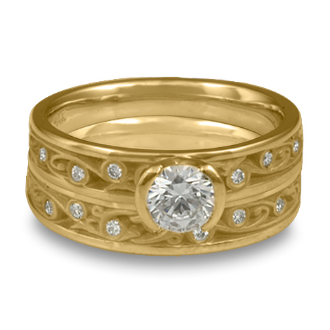 Extra Narrow Continuous Garden Gate Bridal Ring Set with Gems in 14K Yellow Gold With Diamond