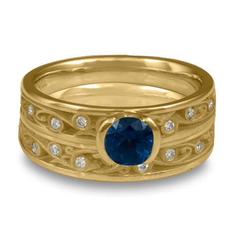 Extra Narrow Continuous Garden Gate Bridal Ring Set with Gems in 14K Yellow Gold with Sapphire