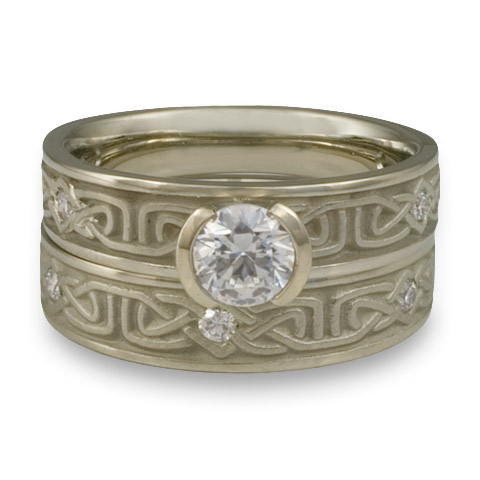Extra Narrow Labyrinth Bridal Ring Set with Gems in 14K White Gold