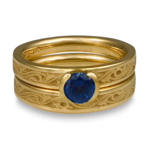 Extra Narrow Wind and Waves Bridal Ring Set in 18K Yellow Gold With Sapphire