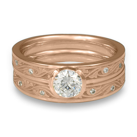Extra Narrow Wind and Waves Bridal Ring Set with Gems in 18K Rose Gold