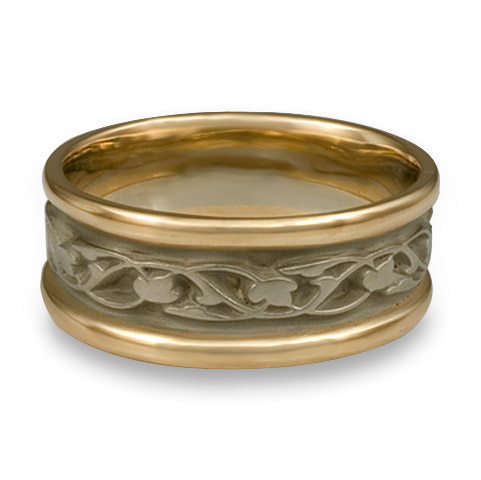 Narrow Two Tone Tulips and Vines Wedding Ring in 14K Gold Yellow Borders/White Center Design