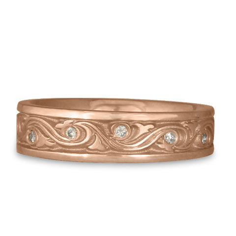 Narrow Wind and Waves Wedding Ring with Gems in 14K Rose Gold