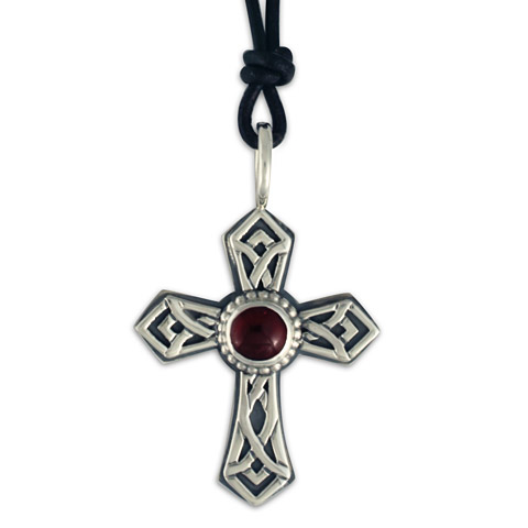 Pictish Cross with Gem in Leather Cord
