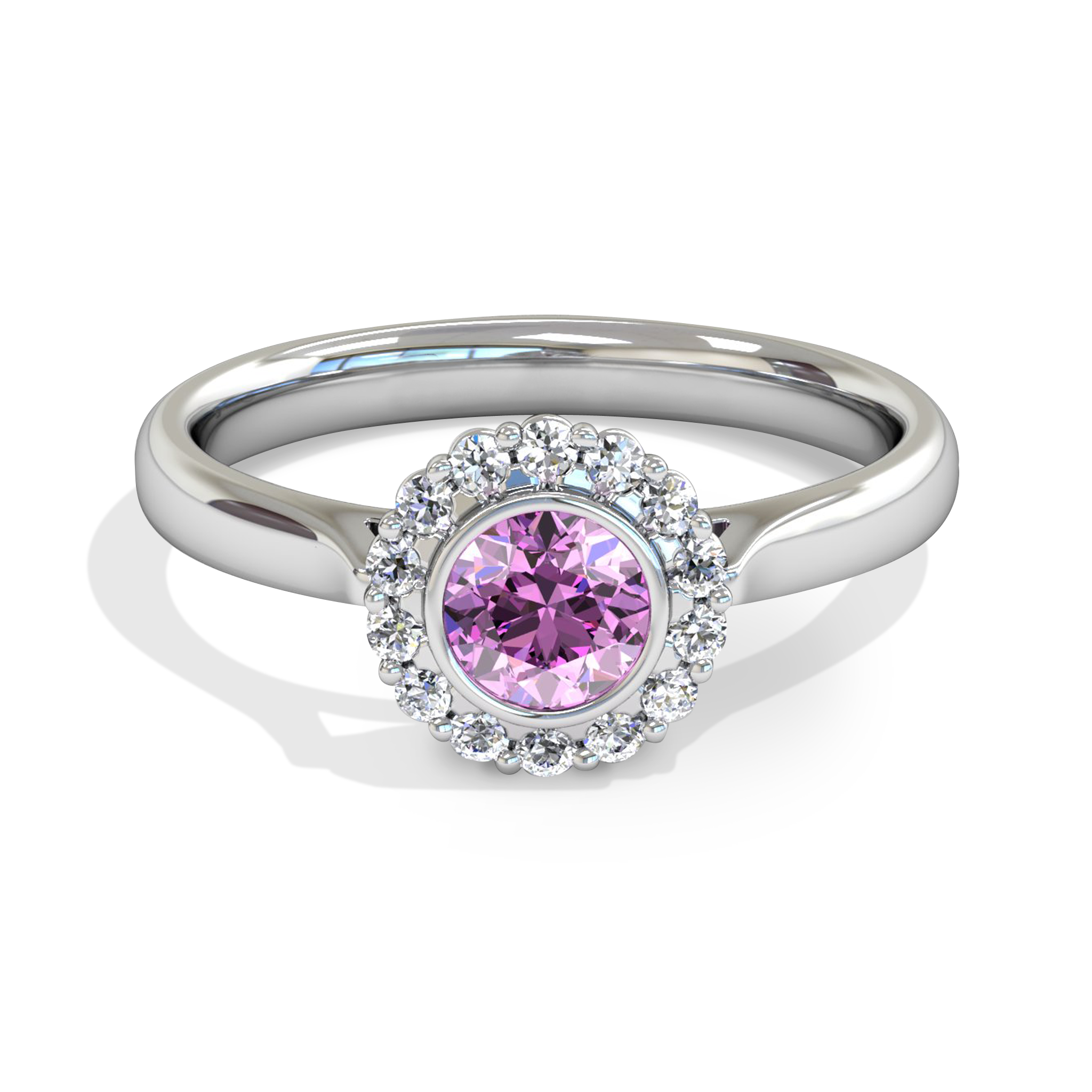 Pink Sapphire Halo Fairtrade Gold Engagement Ring in 18K White Fairtrade Gold