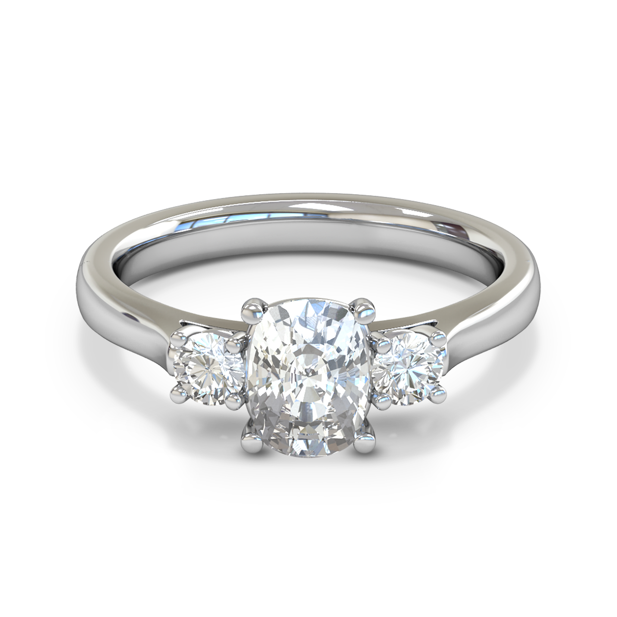 Trilogy Cushion Cut Diamond Fairtrade Gold Engagement Ring in 18K White Fairtrade Gold
