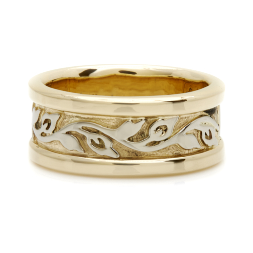 Wide Bordered Flores Wedding Ring in 14K Yellow Gold Base and 14K White Gold Center