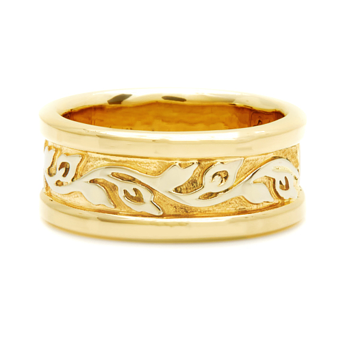 Wide Bordered Flores Wedding Ring in 18 K Yellow Gold