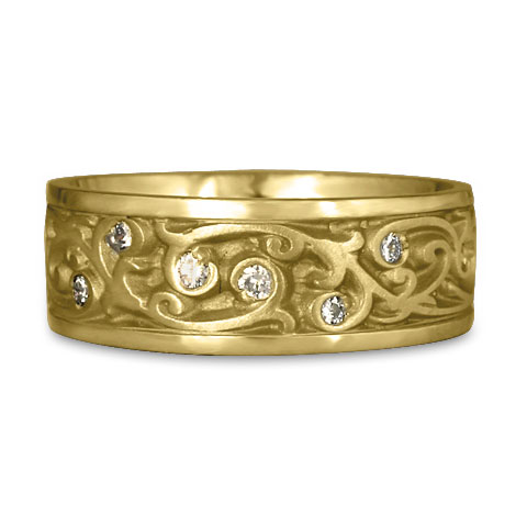 Wide Continuous Garden Gate Wedding Ring with Gems in 18K Yellow Gold