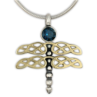 Dragonfly Pendant in 14K Yellow Gold Design w Sterling Silver Base
