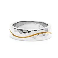 River Wedding Ring Hammered 6mm in 18K Yellow Gold with Sterling Silver River