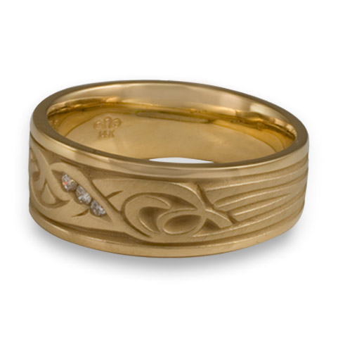 This wedding ring has a sizing band carefully designed in so as to not interrupt the motif. Most wedding rings can be resized, one way or another.