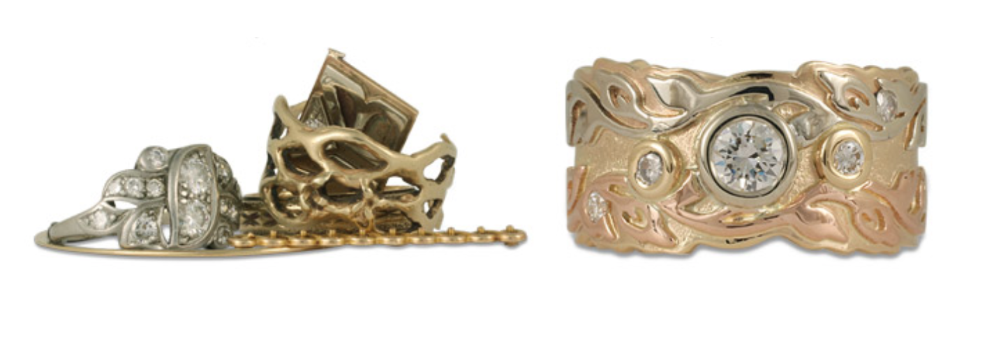 This reset diamond ring project involved our own Liana design, which uses yellow, white, and rose gold.