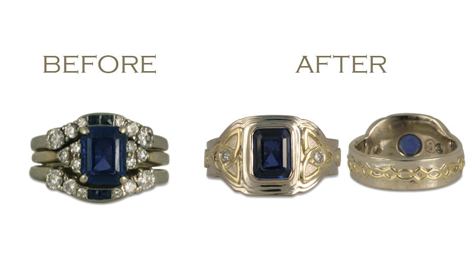We can redesign a gemstone ring, such as shown in this before and after jewelry redesign featuring a sapphire ring.