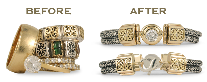 When it comes to redesigned jewelry, we can reuse your old gold to make anything — even a custom gold bracelet, as shown.