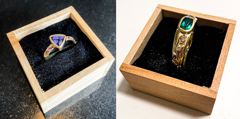 Our gay men's wedding rings — different styles, but both beautiful! And, entirely handmade.