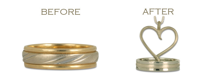 This wedding ring redesign left us with enough extra gold to create a pendant from the wedding ring, too.