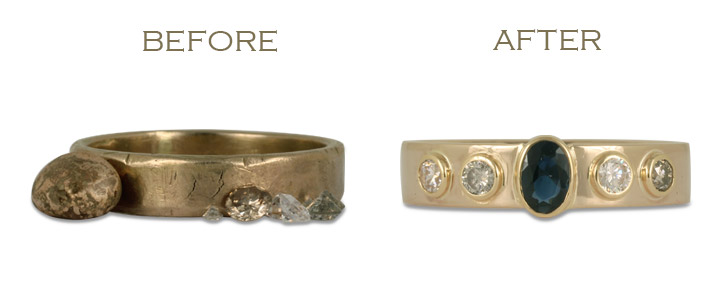 For this wedding ring redesign, we reset the customer's old diamonds and gemstones in the new piece.