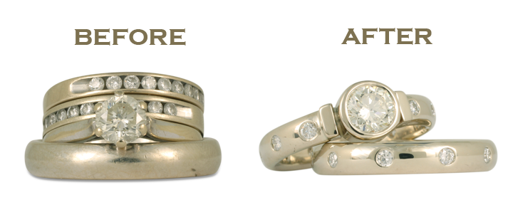 This before and after wedding ring redesign project shows how we can transform your old jewelry into a brand new white gold wedding ring set.