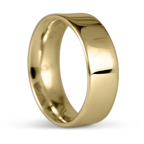 This is a 7mm wide flat topped 18K yellow gold comfort fit wedding ring, made entirely by hand.