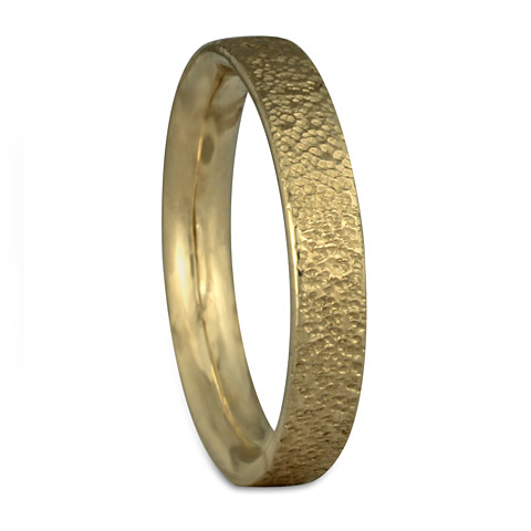 This is a 4mm wide 18K yellow gold comfort fit wedding band with textured finish.