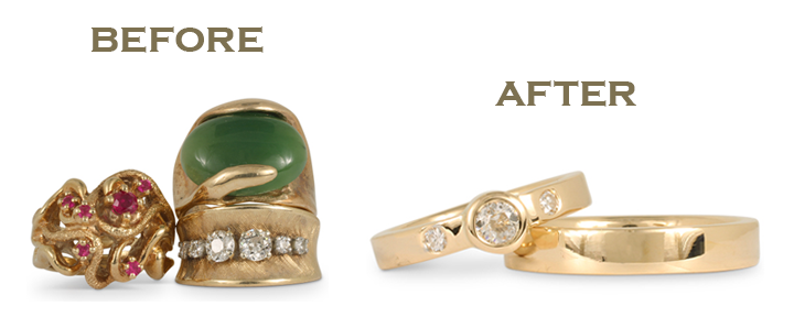These inherited designer rings had sentimental value, but their style did not fit our customer's. No matter! We redesigned these old gold rings into chic, modern rings.