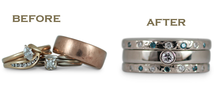 This jewelry repurposing project began with old inherited rings, which were transformed into a lovely stacker set.