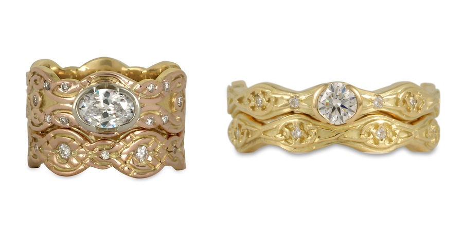 These interlocking bridal ring sets feature a gold wedding ring and gold engagement ring designed to interlock with each other, so they do not twist on the finger.