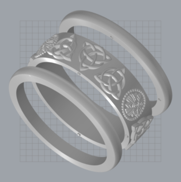 A CAD/CAM rendering of the custom two tone Celtic wedding ring below.
