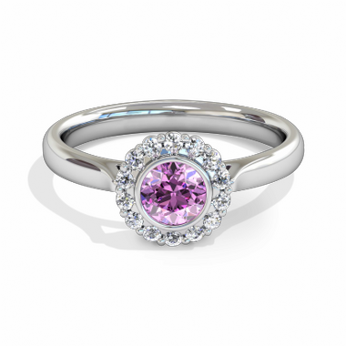 Pink Sapphire Halo Fairtrade Gold Engagement Ring in 18K White Gold