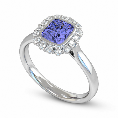 Blue Sapphire with Diamond Cluster Fairtrade Gold Engagement Ring in 18K White Gold
