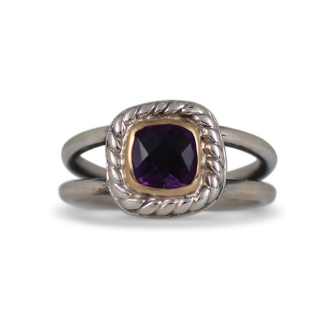 Athena Ring with Gem in A beautiful squared gemstone is framed in 14K gold, and again by a patterned rope of sterling silver.