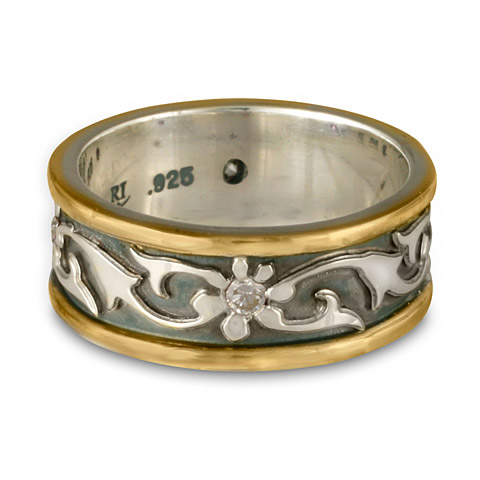 Bordered Persephone Wedding Ring with Gems in Sterling Silver Center & Base w/ 14K Yellow Gold Borders w/ Diamond