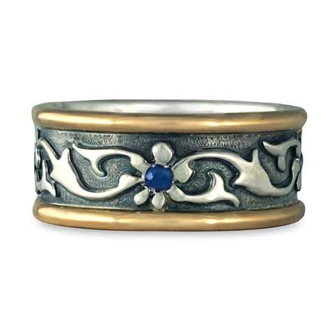 Bordered Persephone Wedding Ring with Gems in Sterling Silver Center & Base w/ 14K Yellow Gold Borders w/ Sapphire
