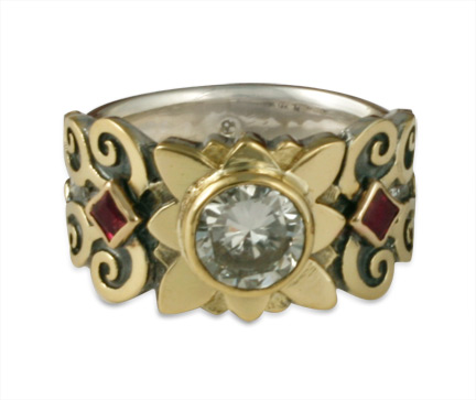 Cascade Flower Ring with Diamond and Ruby in 14K Yellow Gold Center w 14K White Gold Base