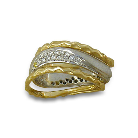 Diamond Classico Ring with Side Bands in 14K Gold Yellow Borders/White Center Design