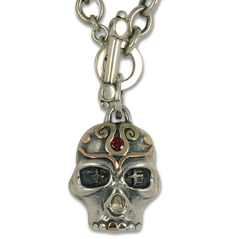 Eva Skull Necklace in !$K Yellow & Rose Gold w Silver