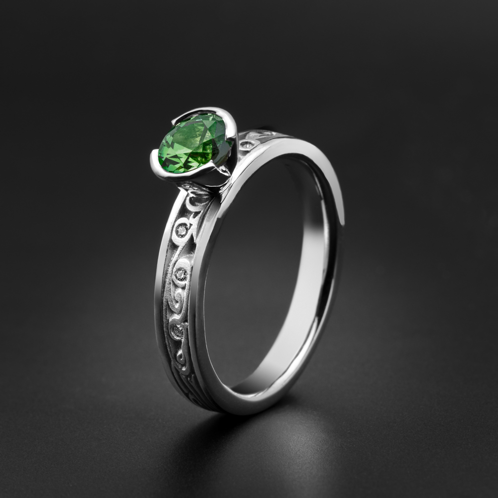 Extra Narrow Continuous Garden Gate Engagement Ring with Gems in 18K White Gold with Emerald