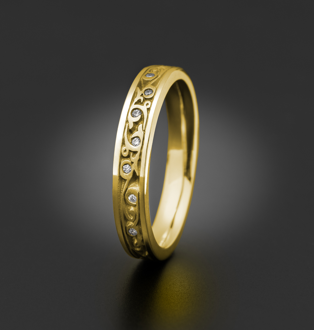 Extra Narrow Continuous Garden Gate Wedding Ring with Gems in 18K Yellow Gold