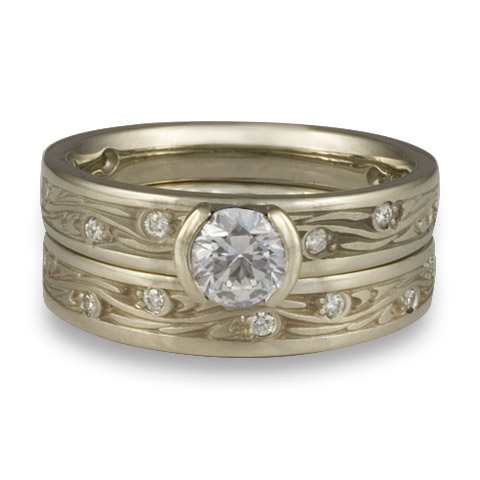 Extra Narrow Starry Night Bridal Ring Set with Gems in 14K White Gold