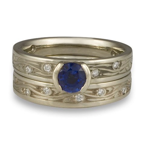 Extra Narrow Starry Night Bridal Ring Set with Gems in 14K White Gold With Sapphire