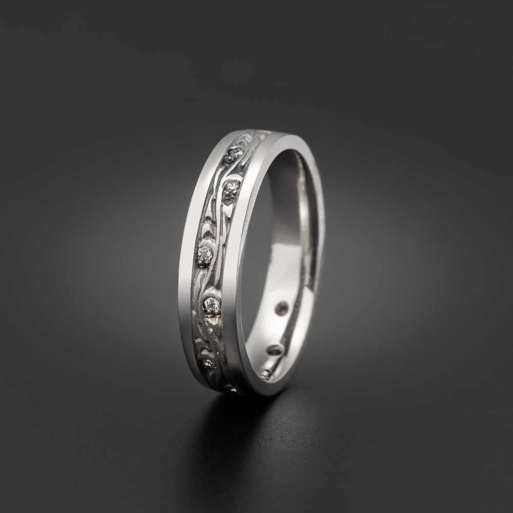 Extra Narrow Starry Night Wedding Ring with Gems in 18K White Gold