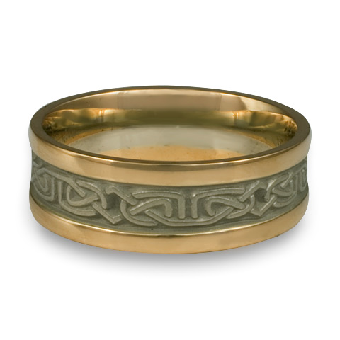 Extra Narrow Two Tone Labyrinth Wedding Ring in 14K YellowGold Borderswith White Center
