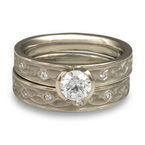 Extra Narrow Water Lilies Bridal Ring Set with Gems in 14K White Gold
