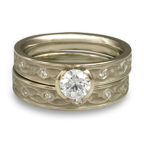 Extra Narrow Water Lilies Bridal Ring Set with Gems in 18K White Gold