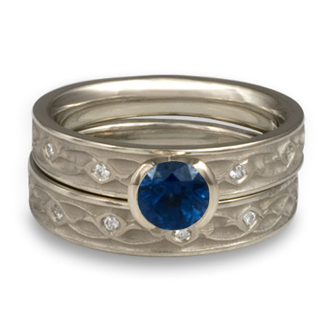 Extra Narrow Water Lilies Bridal Ring Set with Gems in 14K White Gold With Sapphire